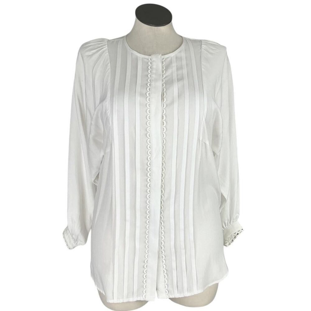 Romantic Victorian Top Women US 6 White Pleated Puff Sleeves Lace Trim Blouse
